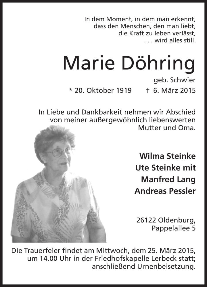  Traueranzeige für Marie Döhring vom 21.03.2015 aus Mindener Tageblatt