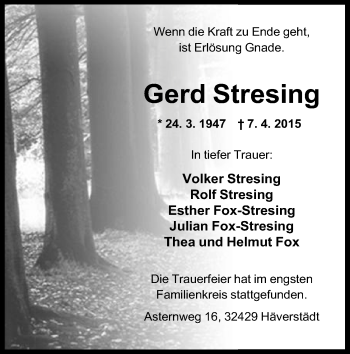 Anzeige von Gerd Stresing von Mindener Tageblatt