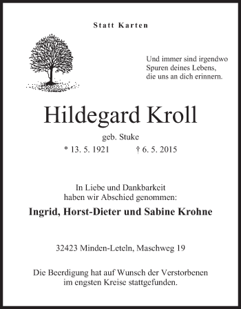 Anzeige von Hildegard Kroll von Mindener Tageblatt