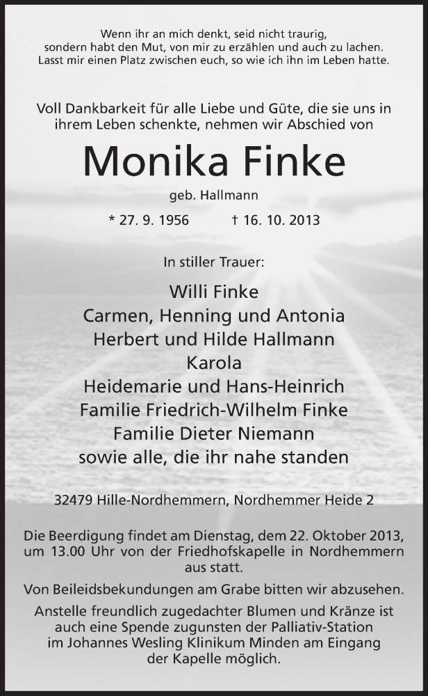  Traueranzeige für Monika Finke vom 18.10.2013 aus Minden