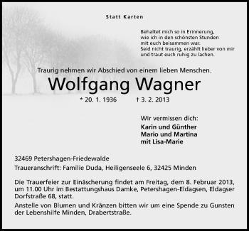 Anzeige von Wolfgang Wagner von Minden