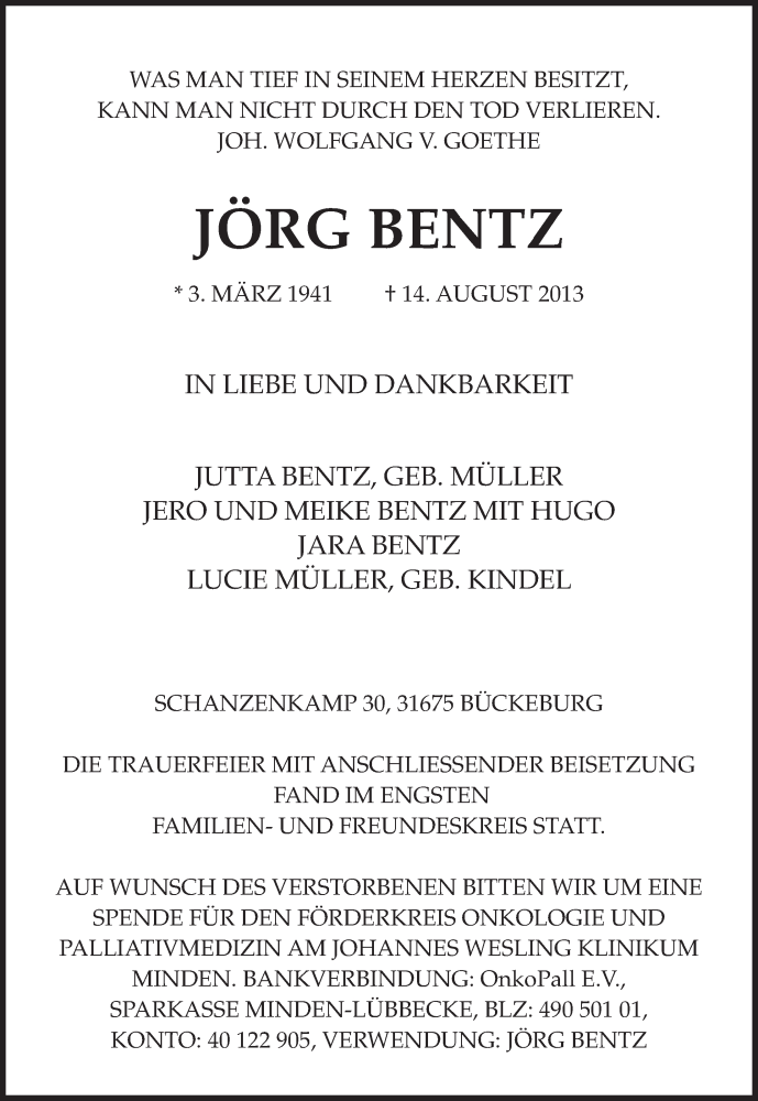  Traueranzeige für Jörg Bentz vom 24.08.2013 aus Minden