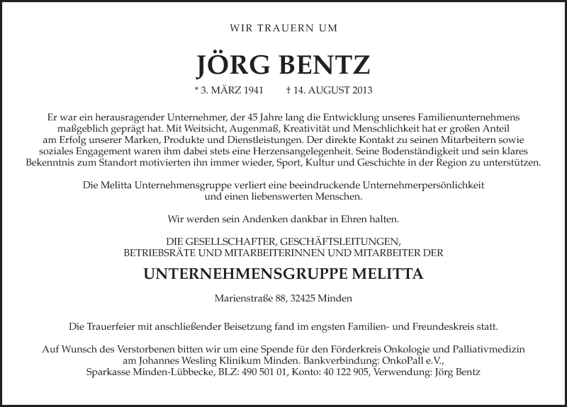  Traueranzeige für Jörg Bentz vom 24.08.2013 aus Minden