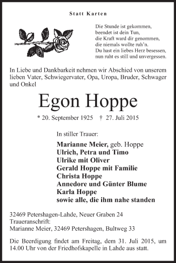 Anzeige von Egon Hoppe von Mindener Tageblatt