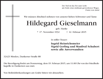 Anzeige von Hildegard Gieselmann von Mindener Tageblatt