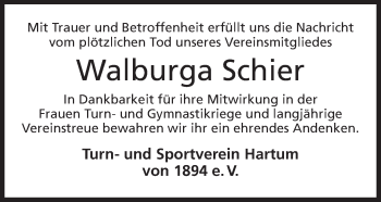Anzeige von Walburga Schier von Mindener Tageblatt