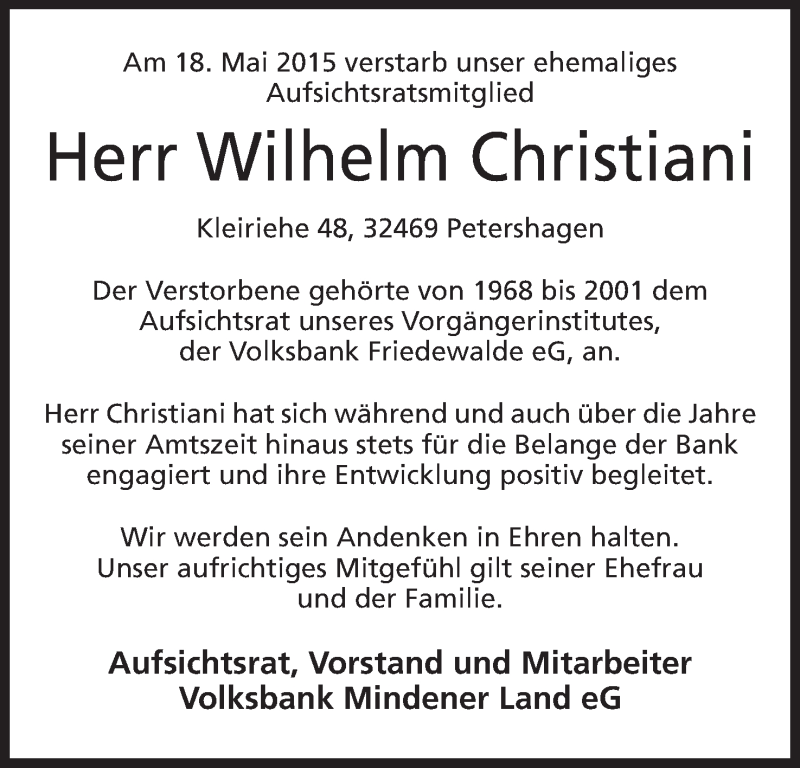  Traueranzeige für Wilhelm Christiani vom 21.05.2015 aus Mindener Tageblatt