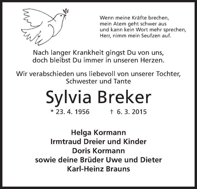  Traueranzeige für Sylvia Breker vom 10.03.2015 aus Mindener Tageblatt