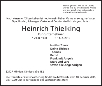 Anzeige von Heinrich Thielking von Mindener Tageblatt