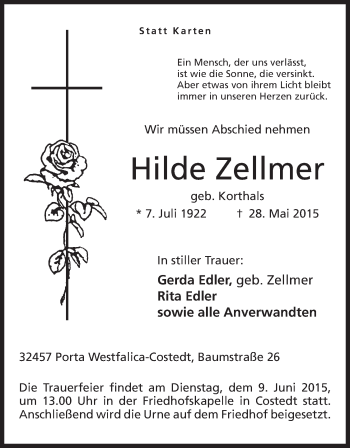 Anzeige von Hilde Zellmer von Mindener Tageblatt