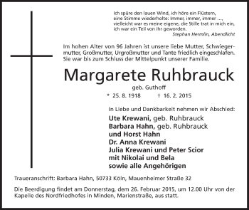 Anzeige von Margarete Ruhbrauck von Mindener Tageblatt