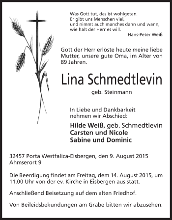 Anzeige von Lina Schmedtlevin von Mindener Tageblatt