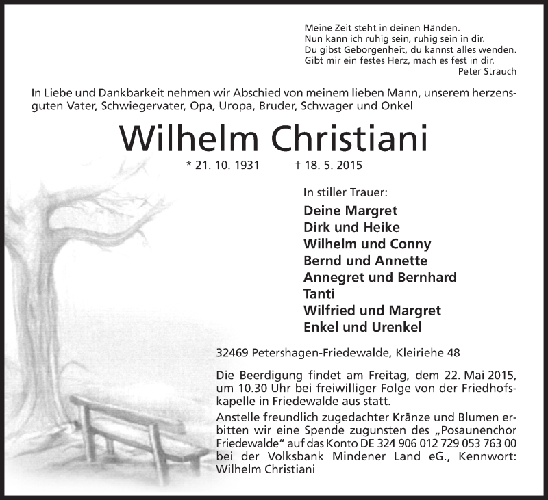  Traueranzeige für Wilhelm Christiani vom 20.05.2015 aus Mindener Tageblatt
