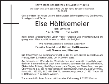 Anzeige von Else Höltkemeier von Mindener Tageblatt