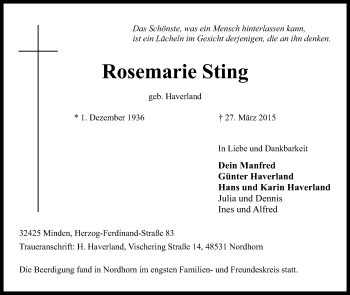 Anzeige von Rosemarie Sting von Mindener Tageblatt