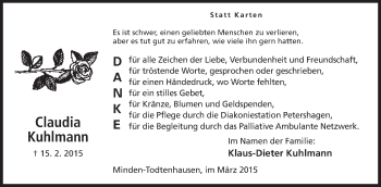 Anzeige von Claudia Kuhlmann von Mindener Tageblatt