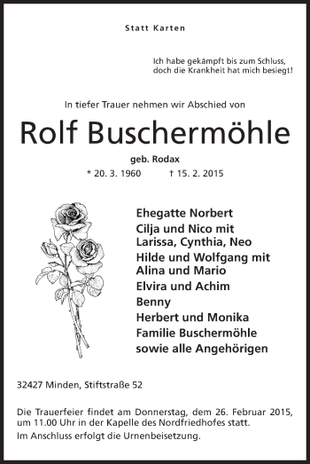 Anzeige von Rolf Buschermöhle von Mindener Tageblatt