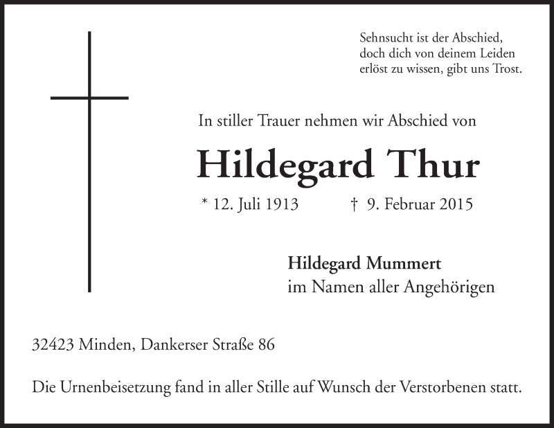  Traueranzeige für Hildegard Thur vom 20.02.2015 aus Mindener Tageblatt
