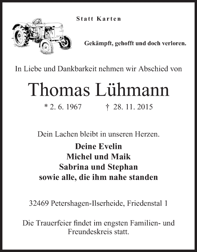  Traueranzeige für Thomas Lühmann vom 01.12.2015 aus Mindener Tageblatt