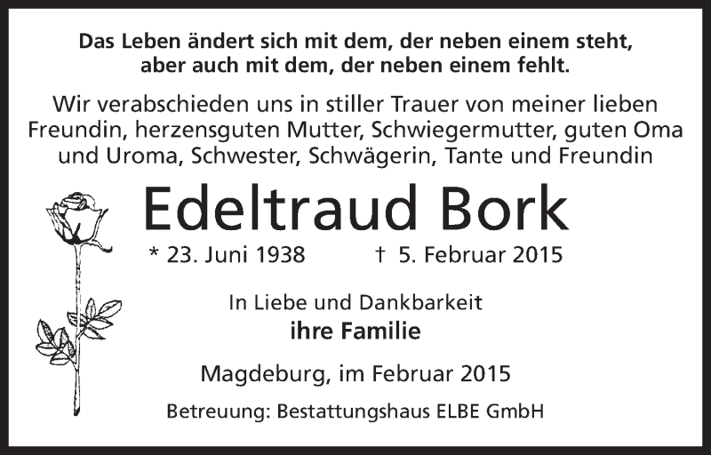  Traueranzeige für Edeltraud Bork vom 21.02.2015 aus Mindener Tageblatt
