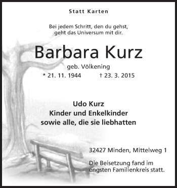 Anzeige von Barbara Kurz von Mindener Tageblatt