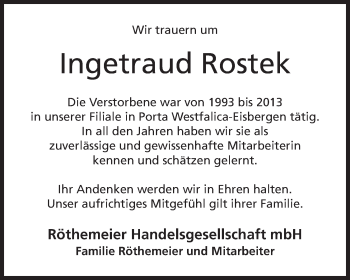 Anzeige von Ingetraud Rostek von Mindener Tageblatt