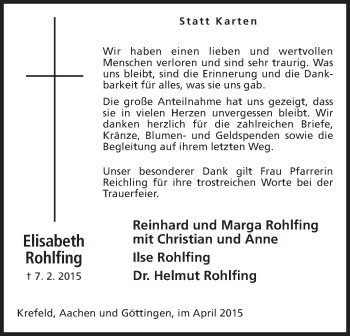 Anzeige von Elisabeth Rohlfing von Mindener Tageblatt
