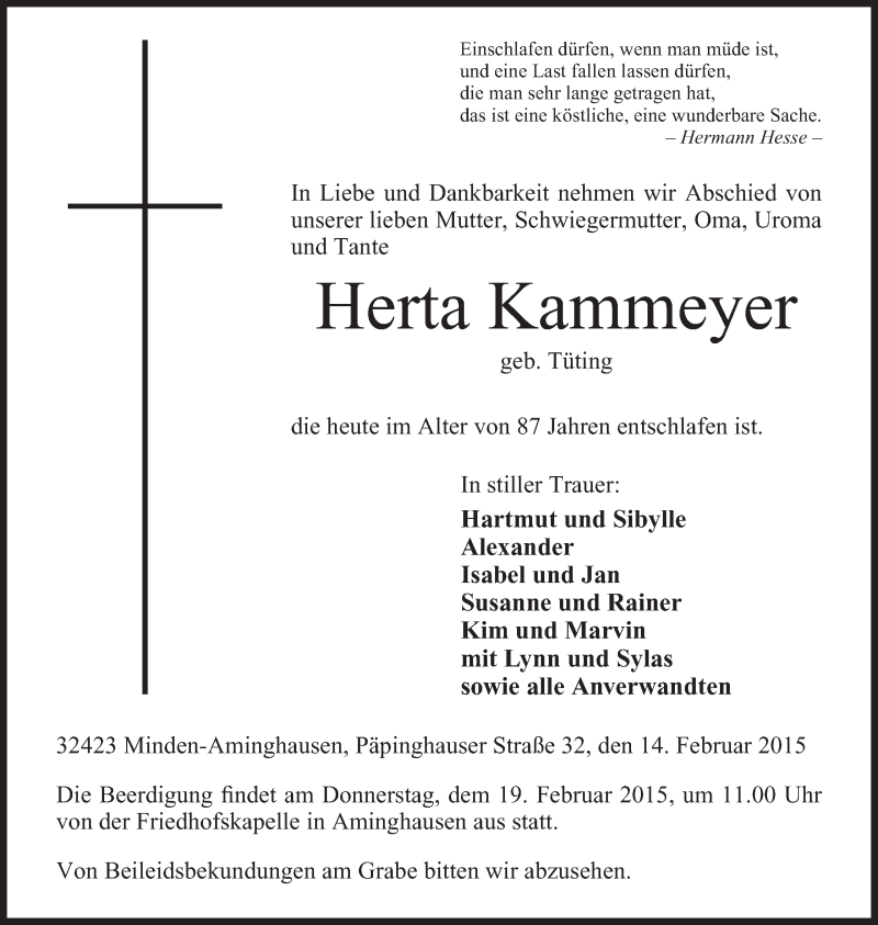  Traueranzeige für Herta Kammeyer vom 16.02.2015 aus Mindener Tageblatt