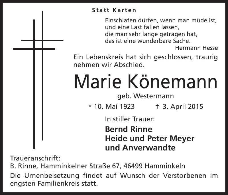  Traueranzeige für Marie Könemann vom 11.04.2015 aus Mindener Tageblatt