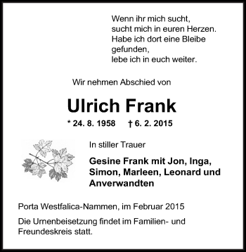 Anzeige von Ulrich Frank von Mindener Tageblatt