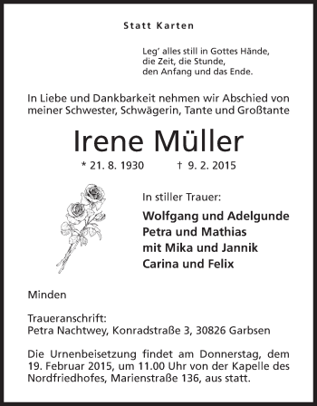 Anzeige von Irene Müller von Mindener Tageblatt