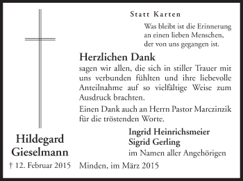 Anzeige von Hildegard Gieselmann von Mindener Tageblatt