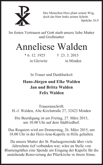 Anzeige von Anneliese Walden von Mindener Tageblatt
