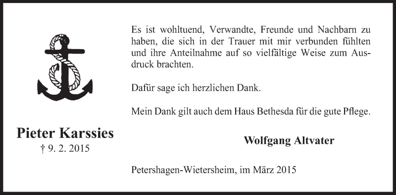  Traueranzeige für Pieter Karssies vom 07.03.2015 aus Mindener Tageblatt