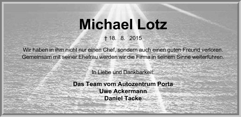  Traueranzeige für Michael Lotz vom 26.08.2015 aus Mindener Tageblatt