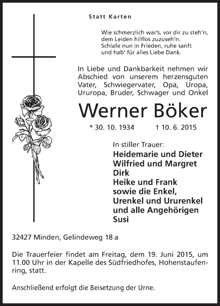  Traueranzeige für Werner Böker vom 16.06.2015 aus Mindener Tageblatt