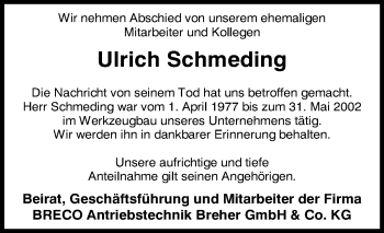 Anzeige von Ulrich Schmeding von Mindener Tageblatt