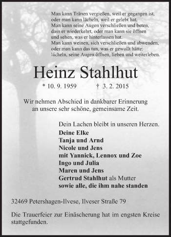 Anzeige von Heinz Stahlhut von Mindener Tageblatt