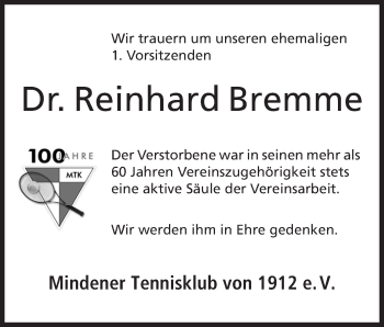 Anzeige von Reinhard Bremme von Mindener Tageblatt