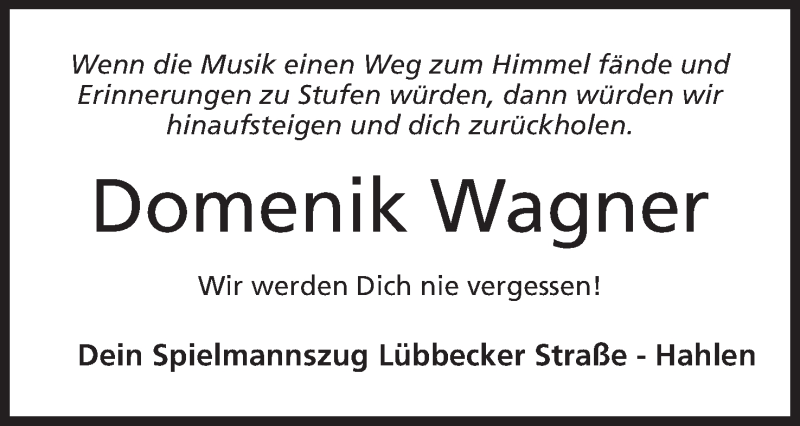  Traueranzeige für Domenik Wagner vom 28.11.2015 aus Mindener Tageblatt