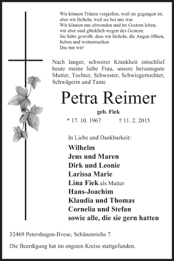 Anzeige von Petra Reimer von Mindener Tageblatt