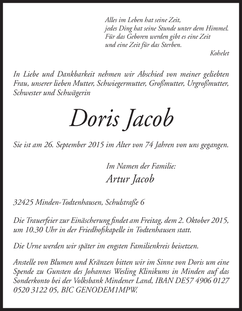  Traueranzeige für Doris Jacob vom 29.09.2015 aus Mindener Tageblatt