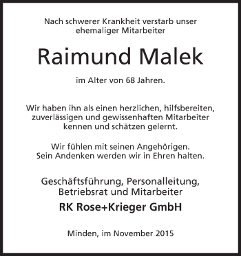 Anzeige von Reimund Malek von Mindener Tageblatt