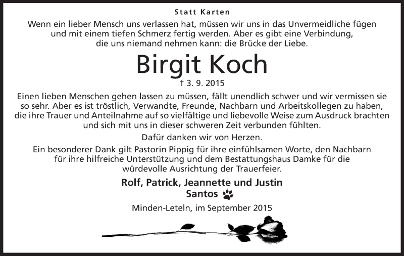  Traueranzeige für Birgit Koch vom 26.09.2015 aus Mindener Tageblatt