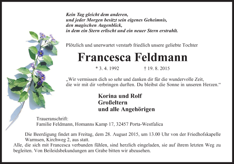 Traueranzeige für Francesca Feldmann vom 25.08.2015 aus Mindener Tageblatt