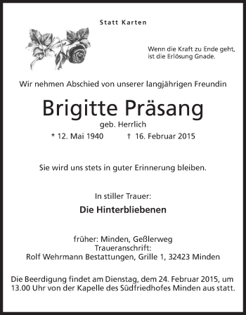 Anzeige von Brigitte Präsang von Mindener Tageblatt