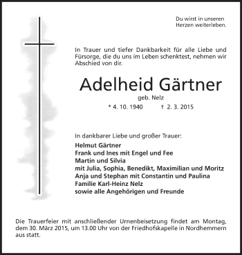 Anzeige von Adelheid Gärtner von Mindener Tageblatt