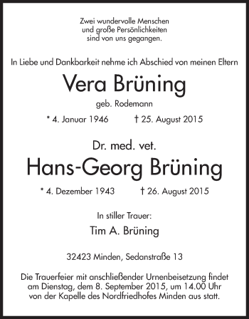 Anzeige von Vera und Hans-Georg Brüning von Mindener Tageblatt