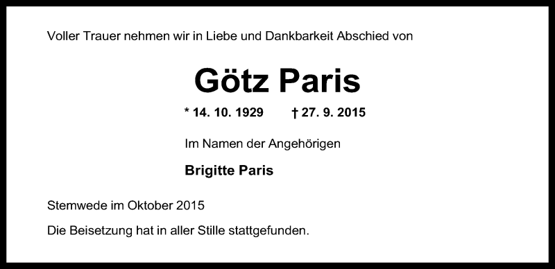  Traueranzeige für Götz Paris vom 10.10.2015 aus Mindener Tageblatt