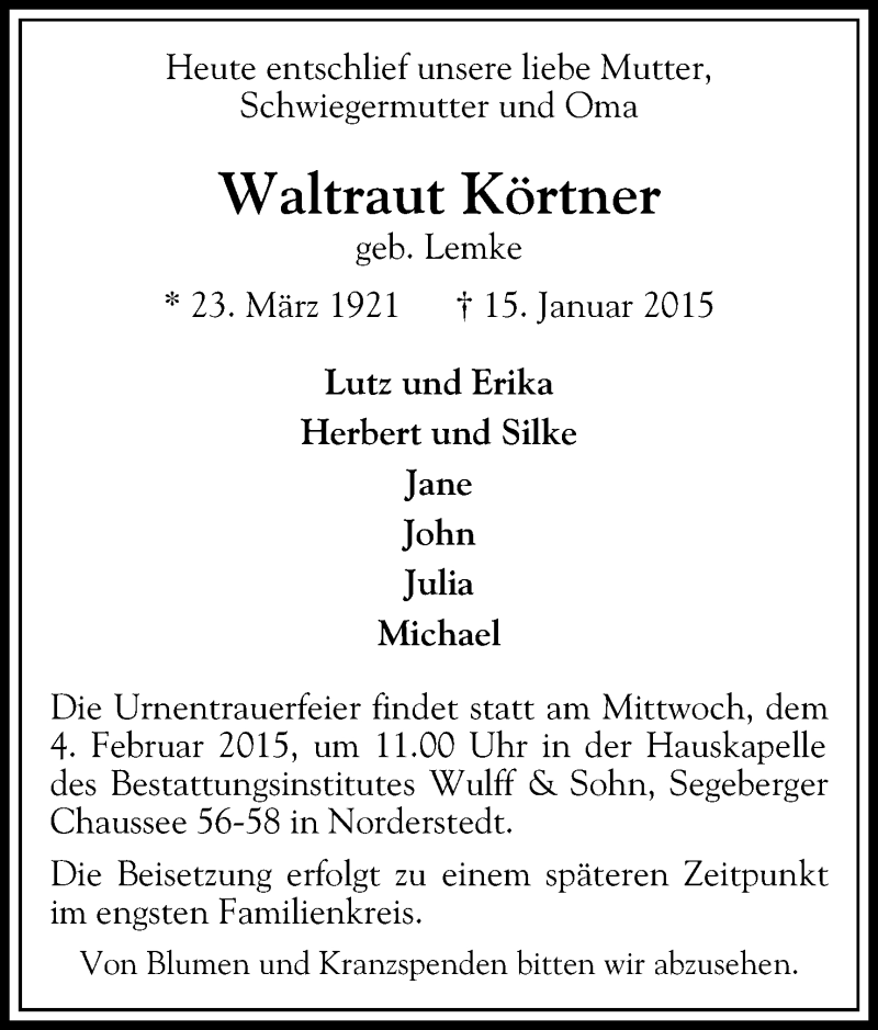  Traueranzeige für Waltraut Körtner vom 31.01.2015 aus Mindener Tageblatt